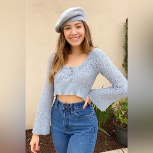 Papermoon Light Blue Knit Crop Top Long Sleeve Button Detail S